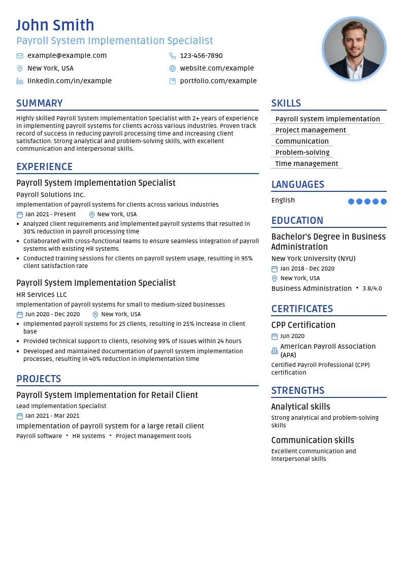 Payroll System Implementation Specialist resume example