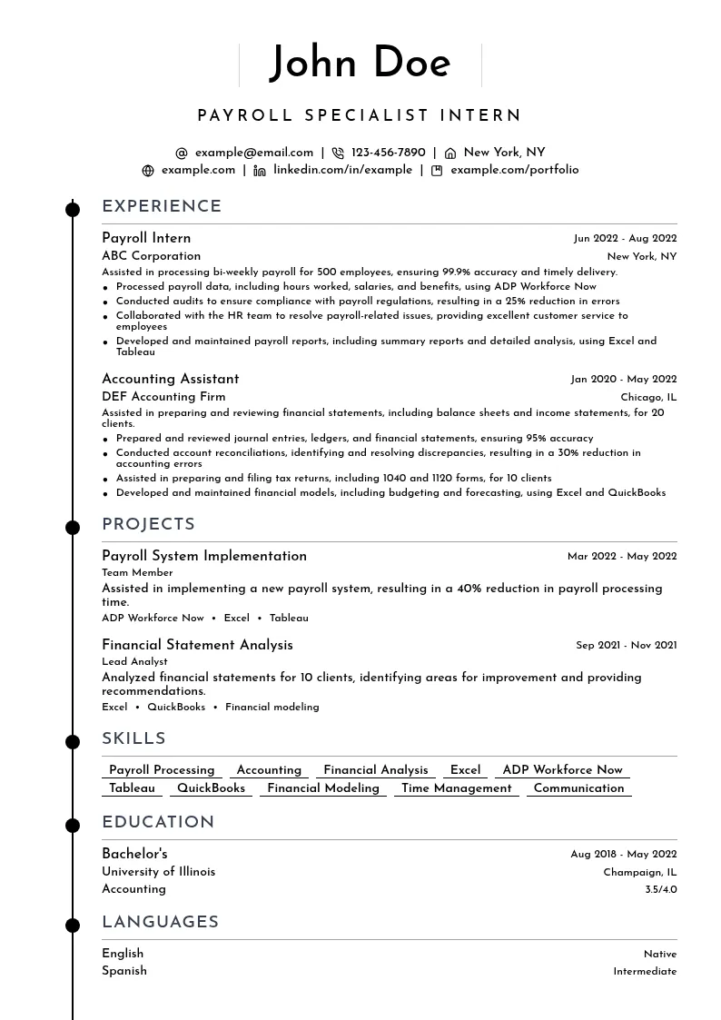 Payroll Specialist Intern resume example