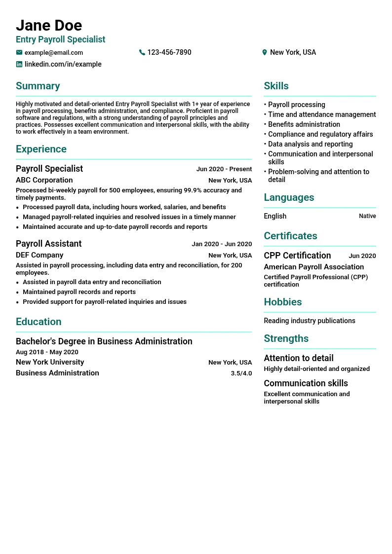Entry Payroll Specialist resume example