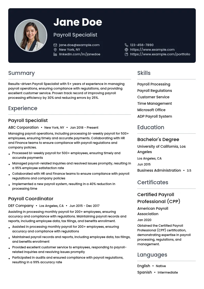 Payroll Specialist resume example