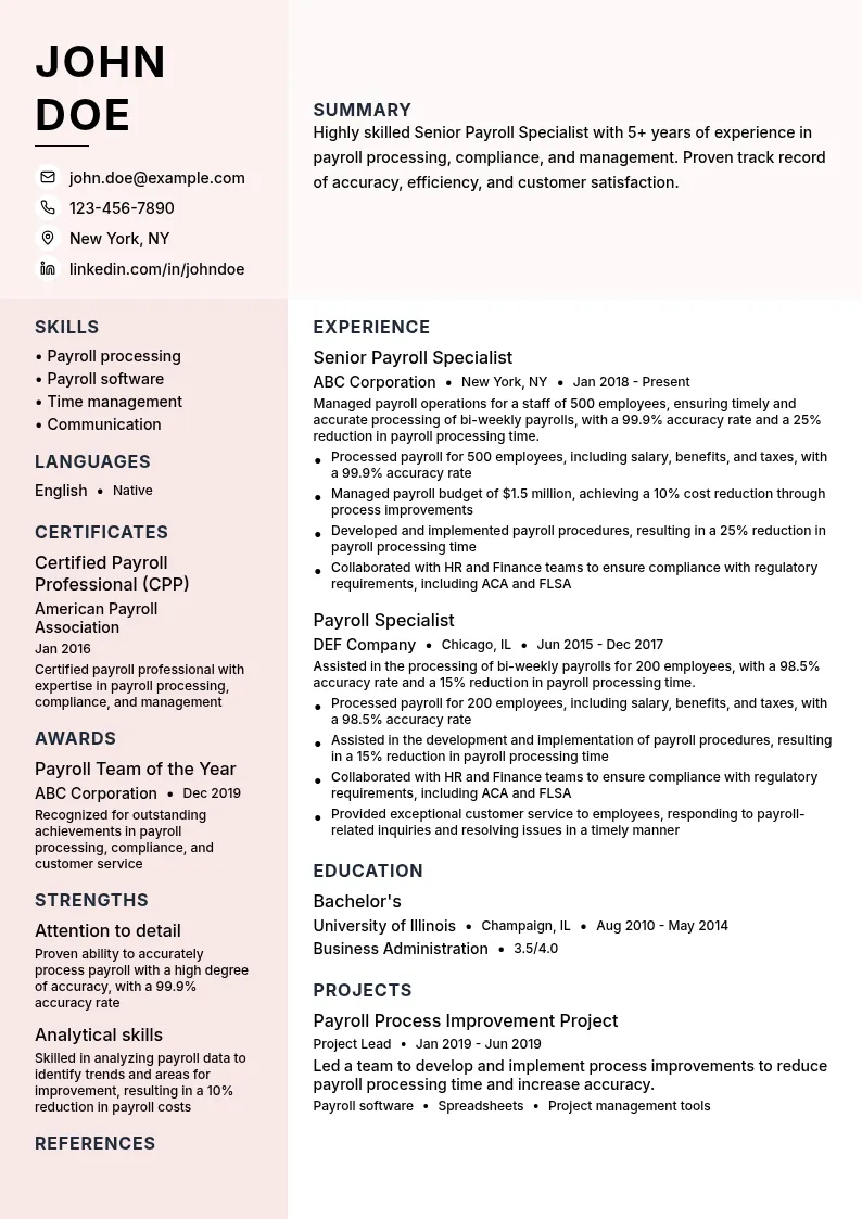 Senior Payroll Specialist resume example