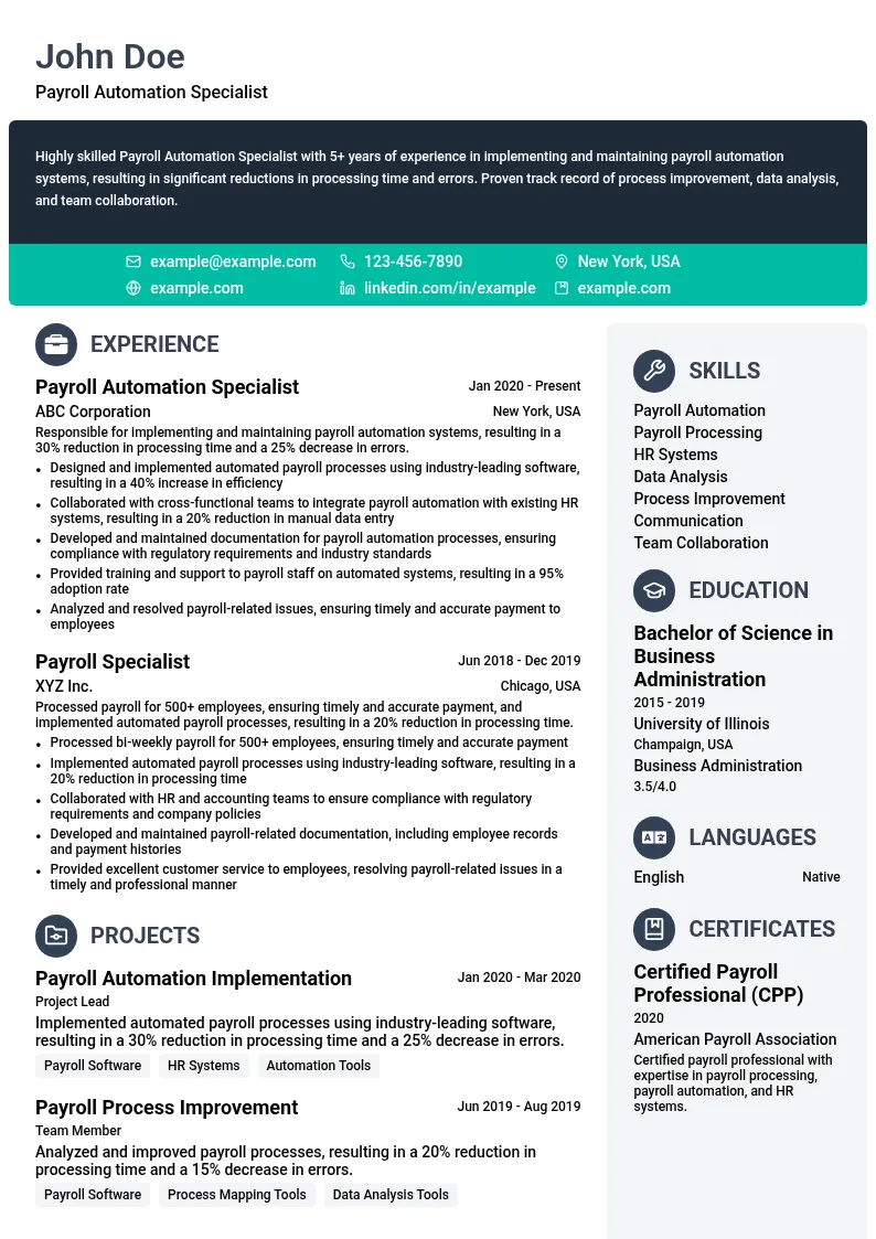 Payroll Automation Specialist resume example