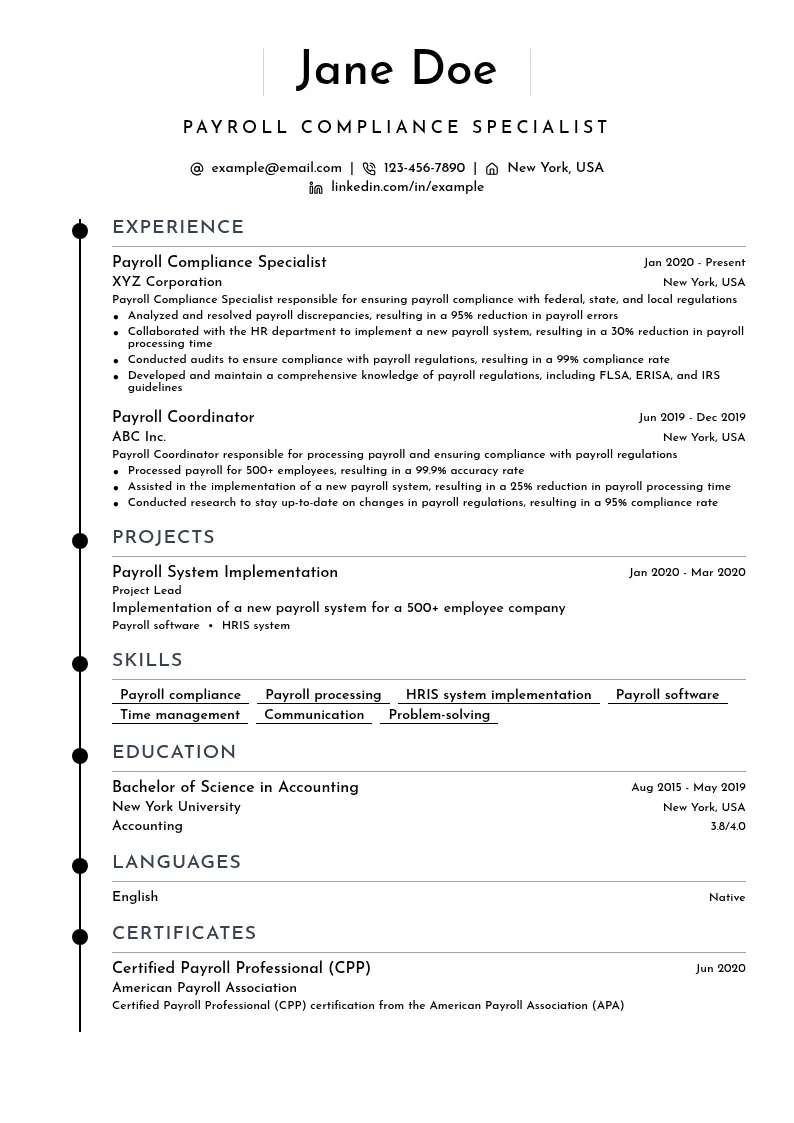 Payroll Compliance Specialist resume example