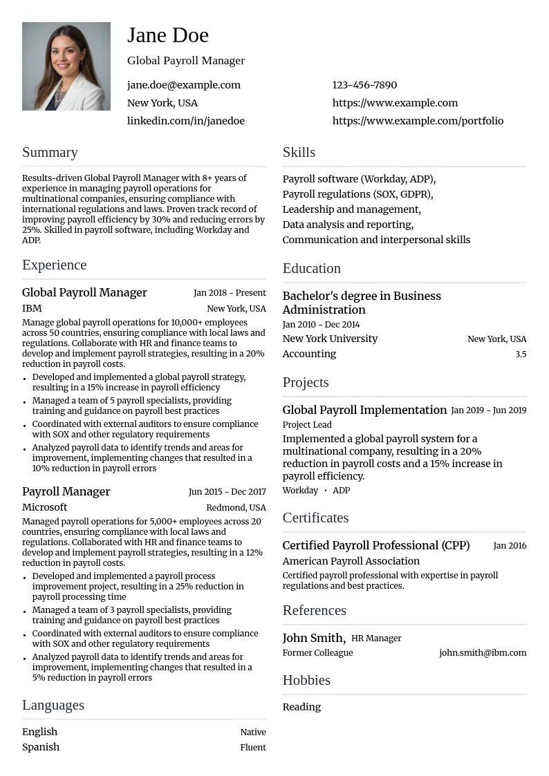 Global Payroll Manager resume example