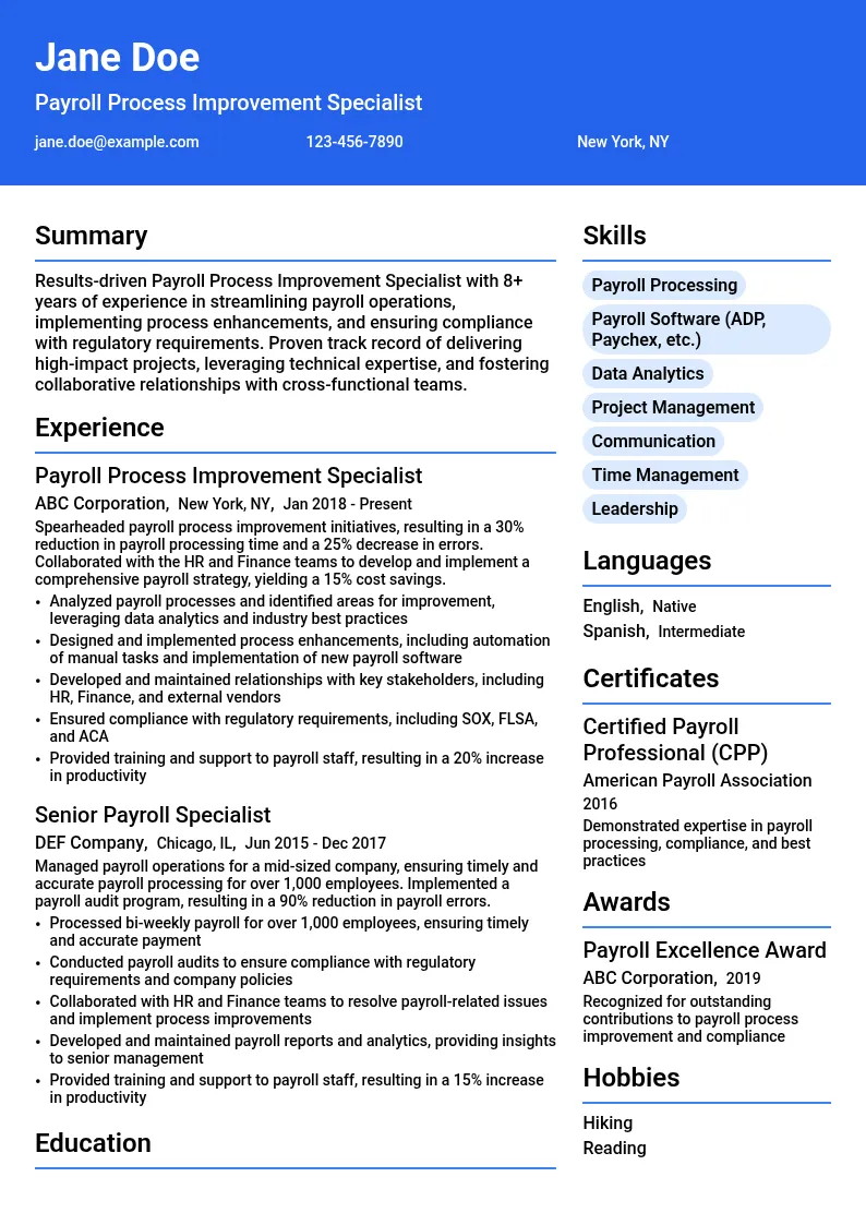 Payroll Process Improvement Specialist resume example