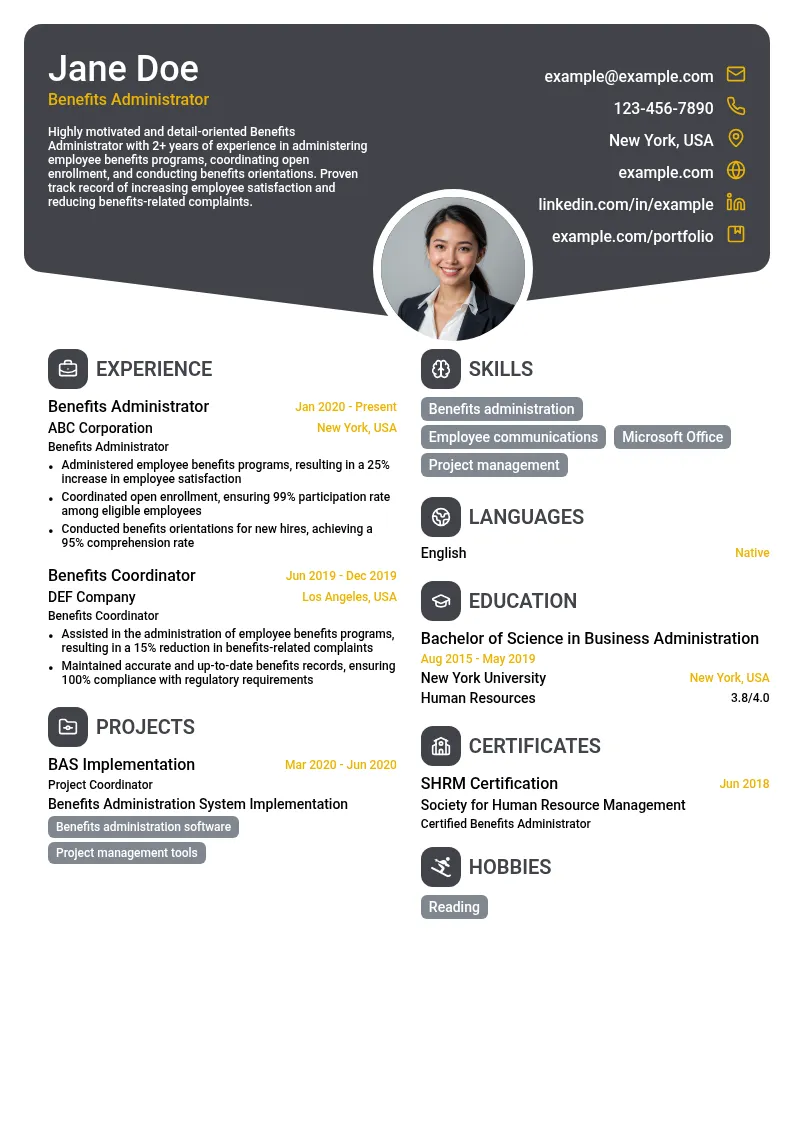 Benefits Administrator resume example