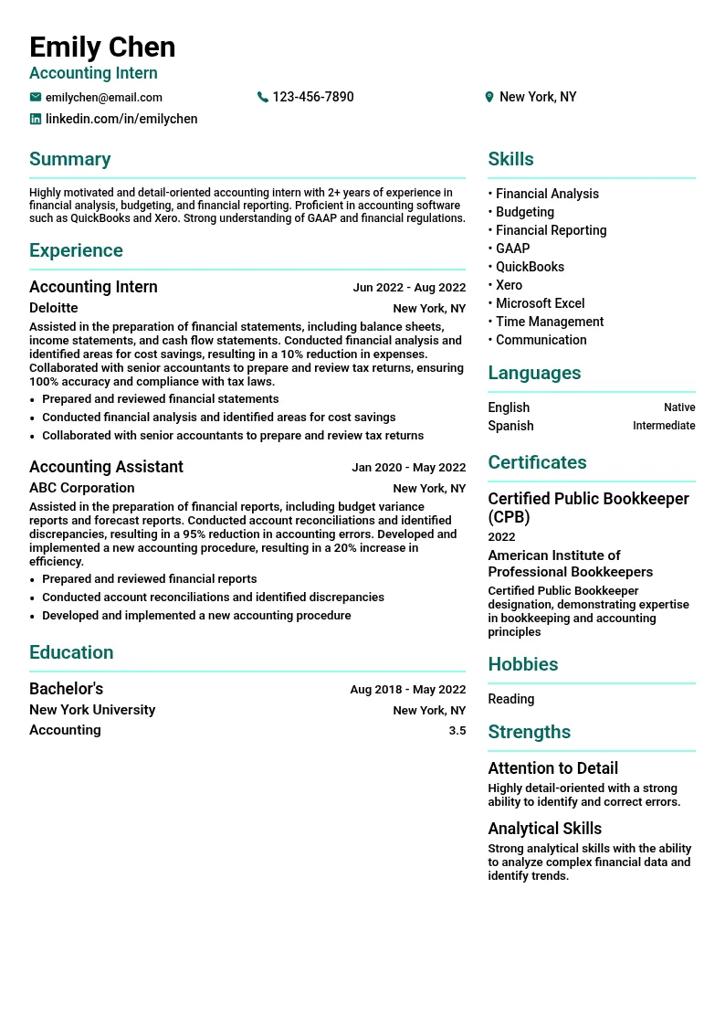 Accounting Intern resume example