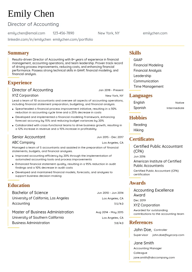 Director of Accounting resume example