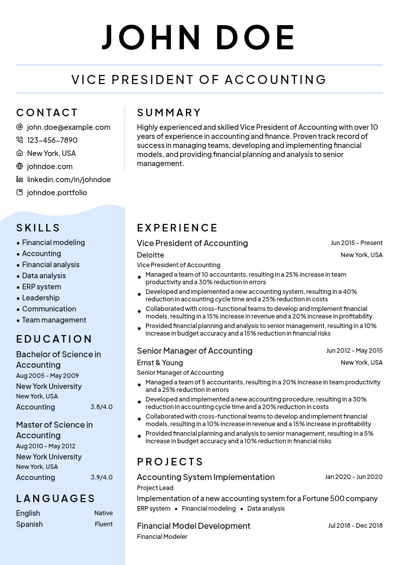 Vice President of Accounting resume example