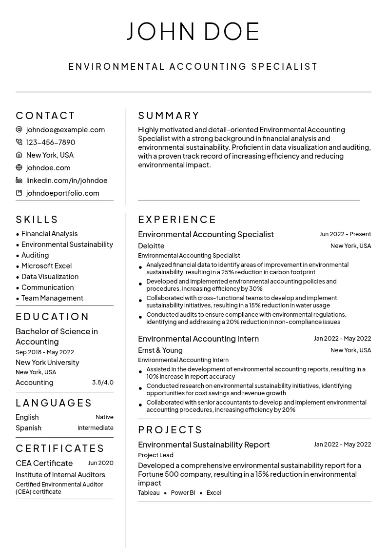 Environmental Accounting Specialist resume example