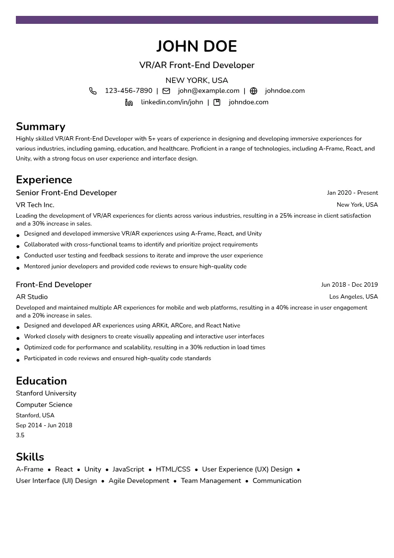 VR/AR Front-End Developer resume example