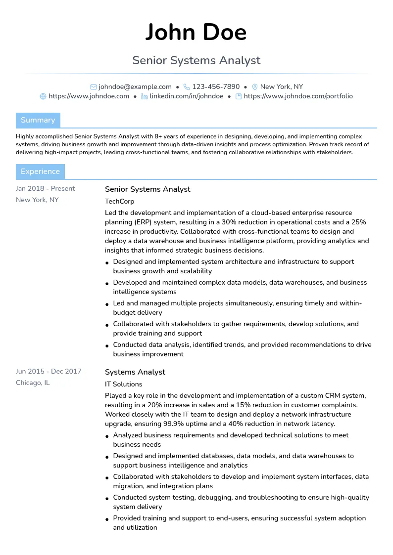 Senior Systems Analyst resume example