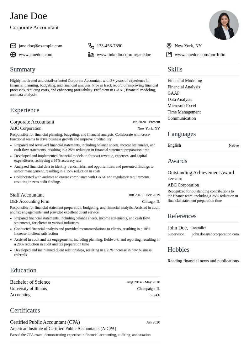 Corporate Accountant resume example