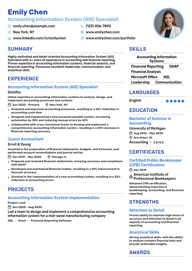 Accounting Information System (AIS) Specialist resume example