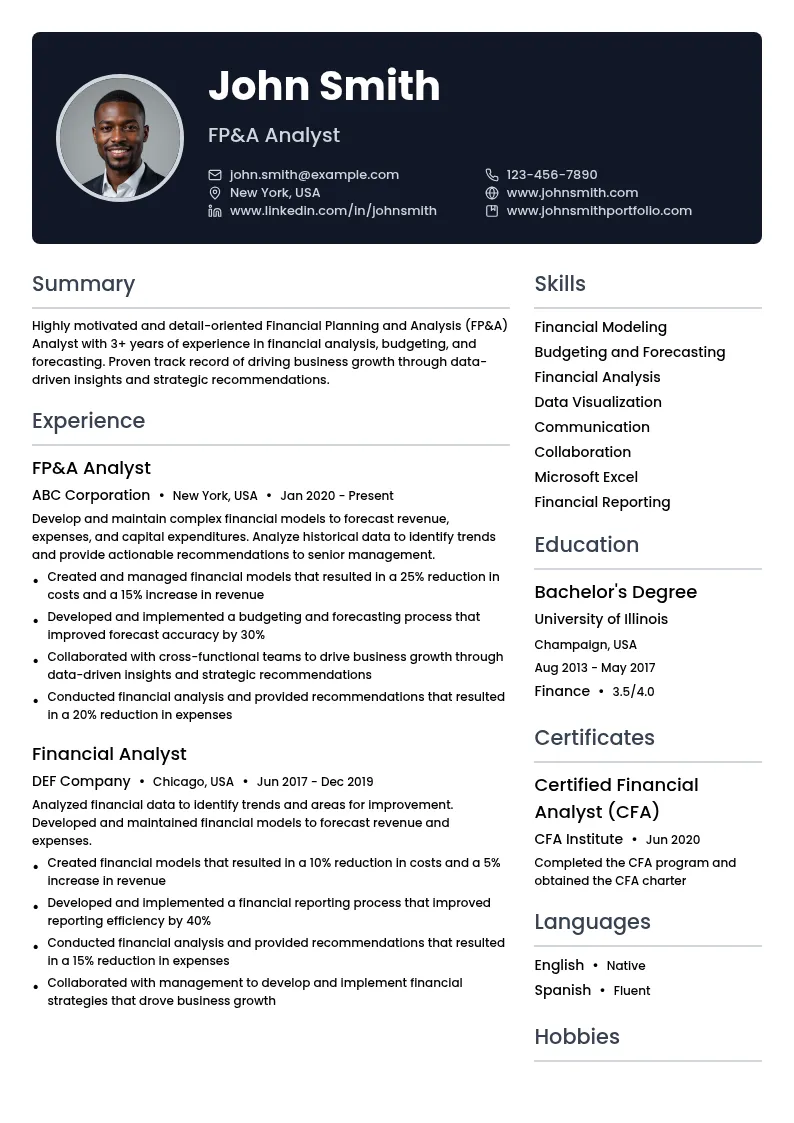 Financial Planning and Analysis (FP&A) Analyst resume example