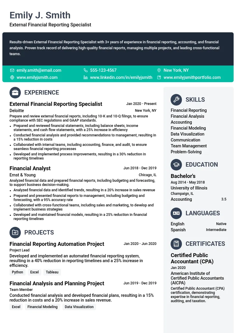 External Financial Reporting Specialist resume example