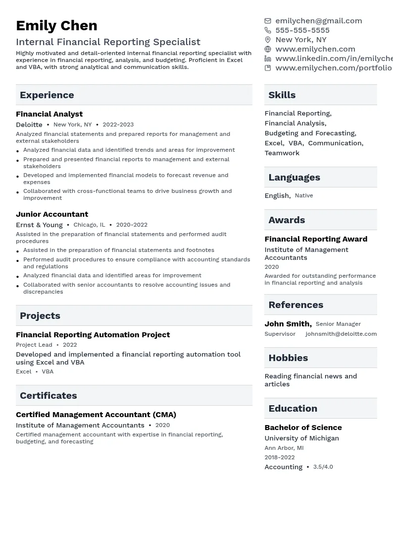 Internal Financial Reporting Specialist resume example