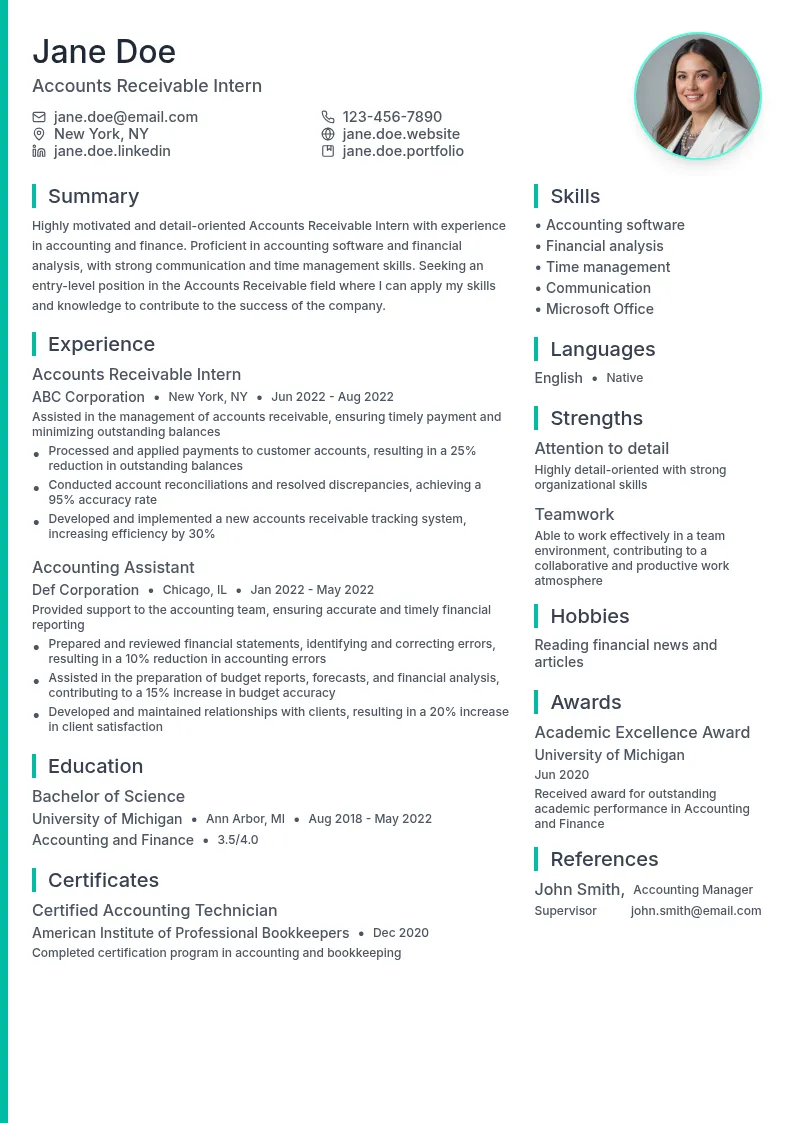 Accounts Receivable Intern resume example