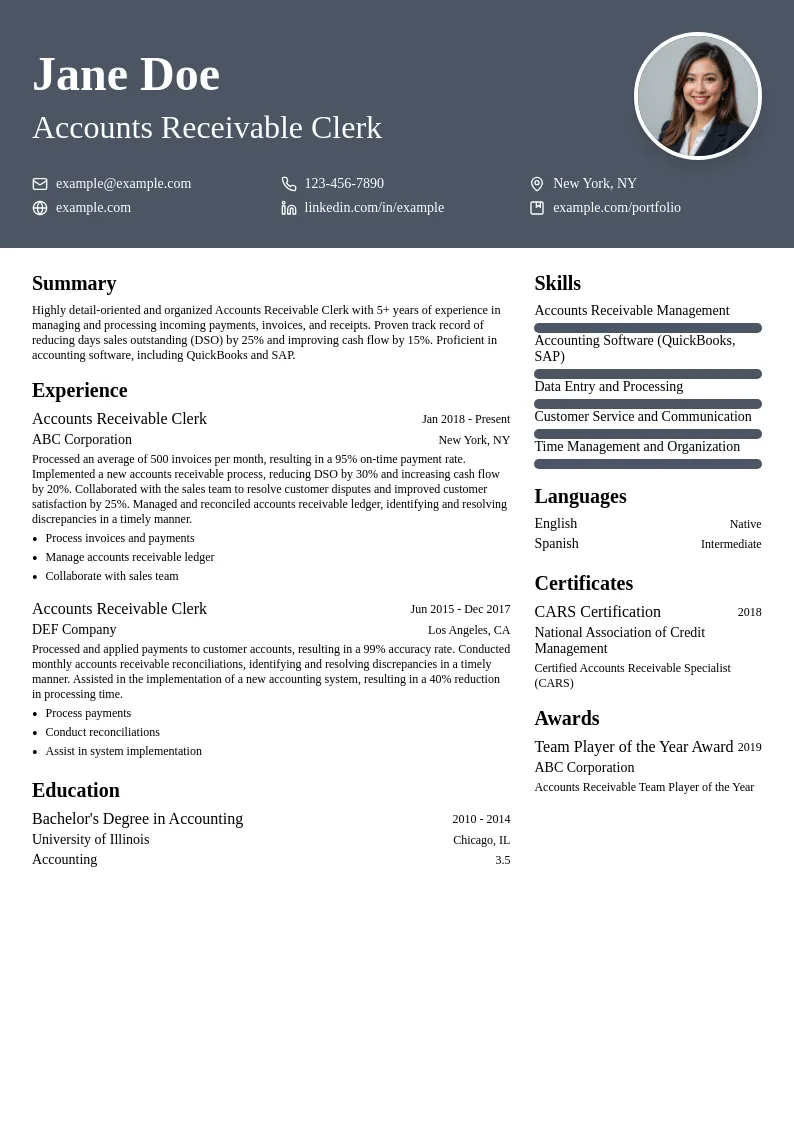 Accounts Receivable Clerk resume example