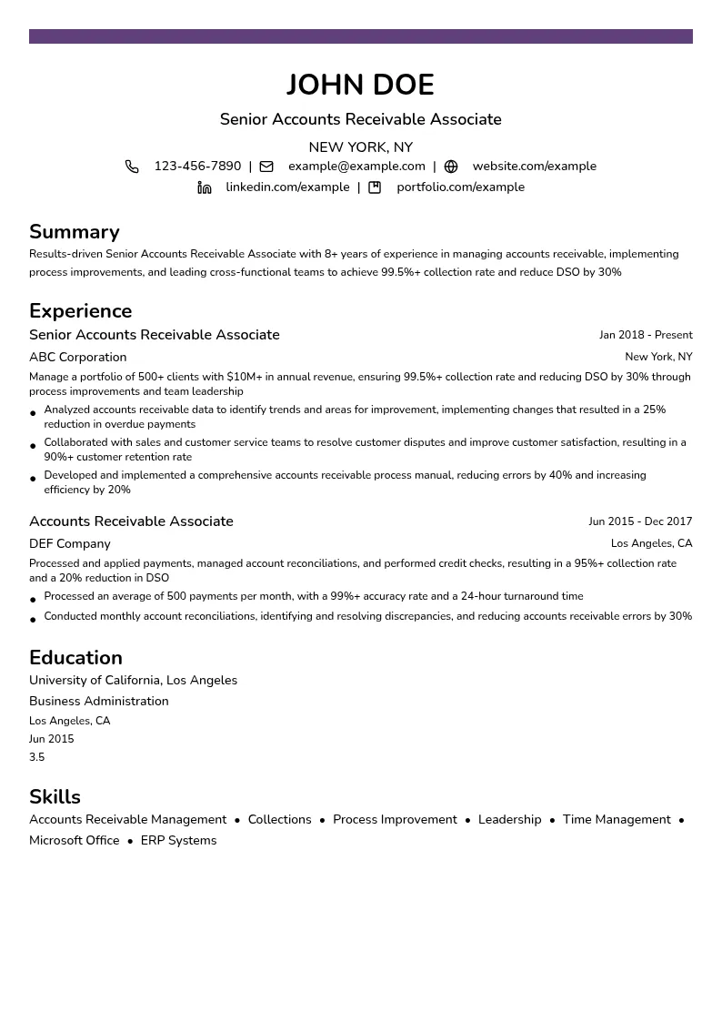 Senior Accounts Receivable Associate resume example