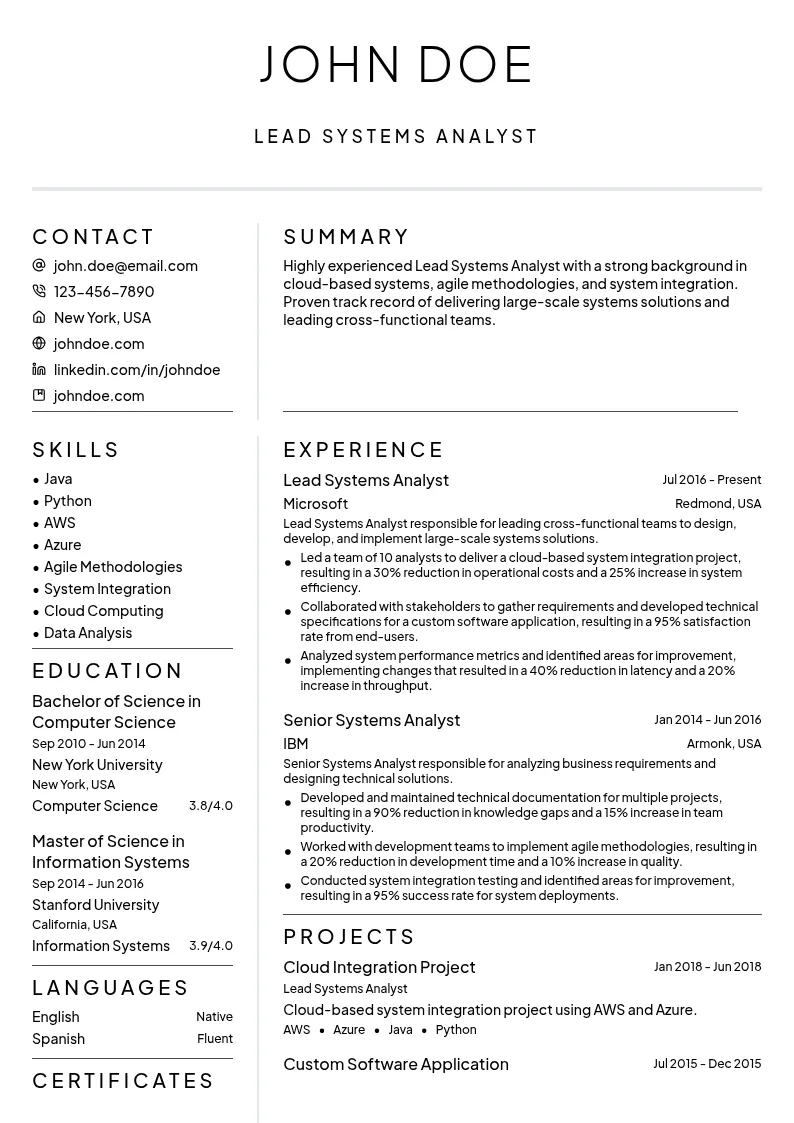 Lead Systems Analyst resume example