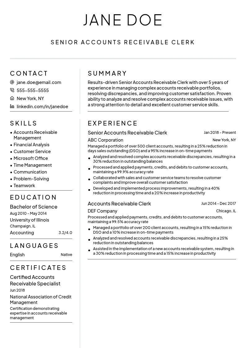 Senior Accounts Receivable Clerk resume example
