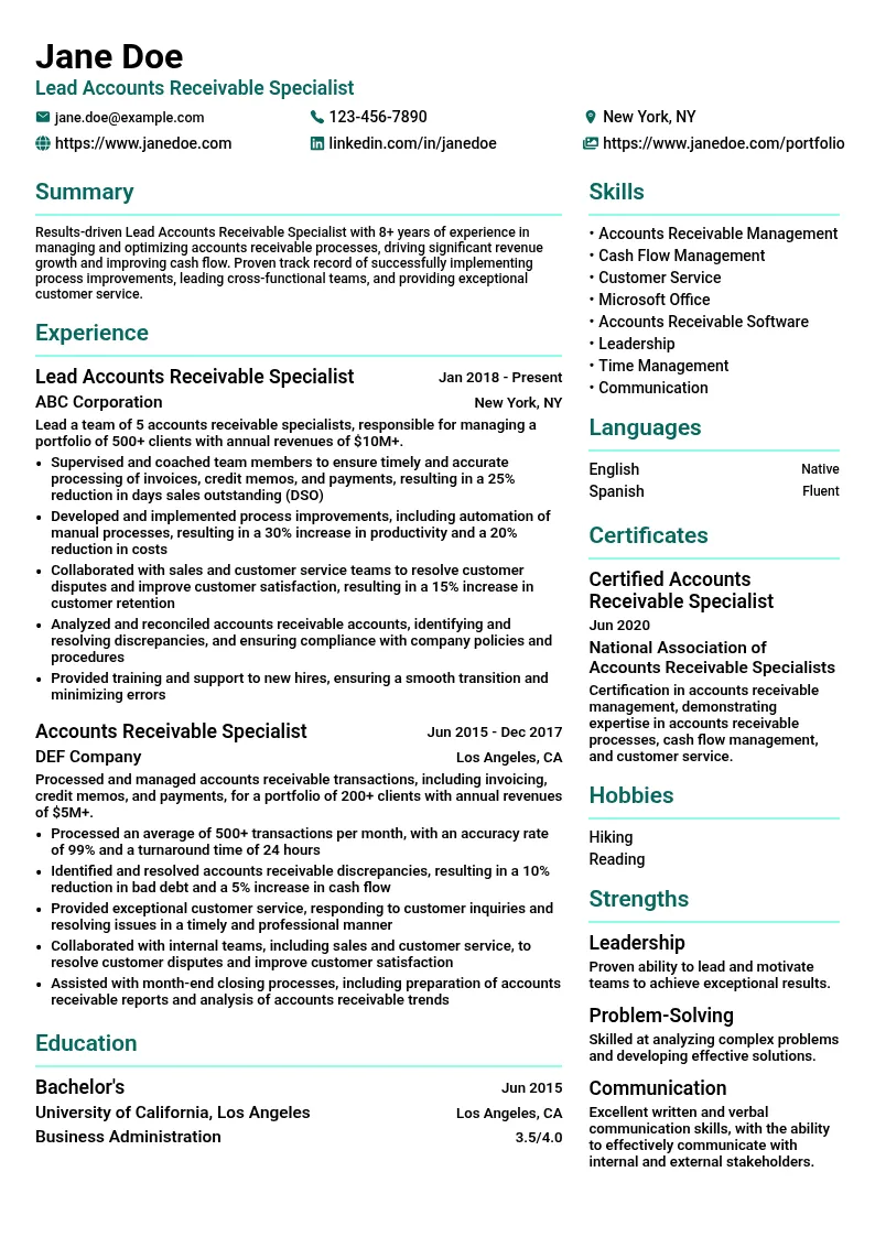 Lead Accounts Receivable Specialist resume example