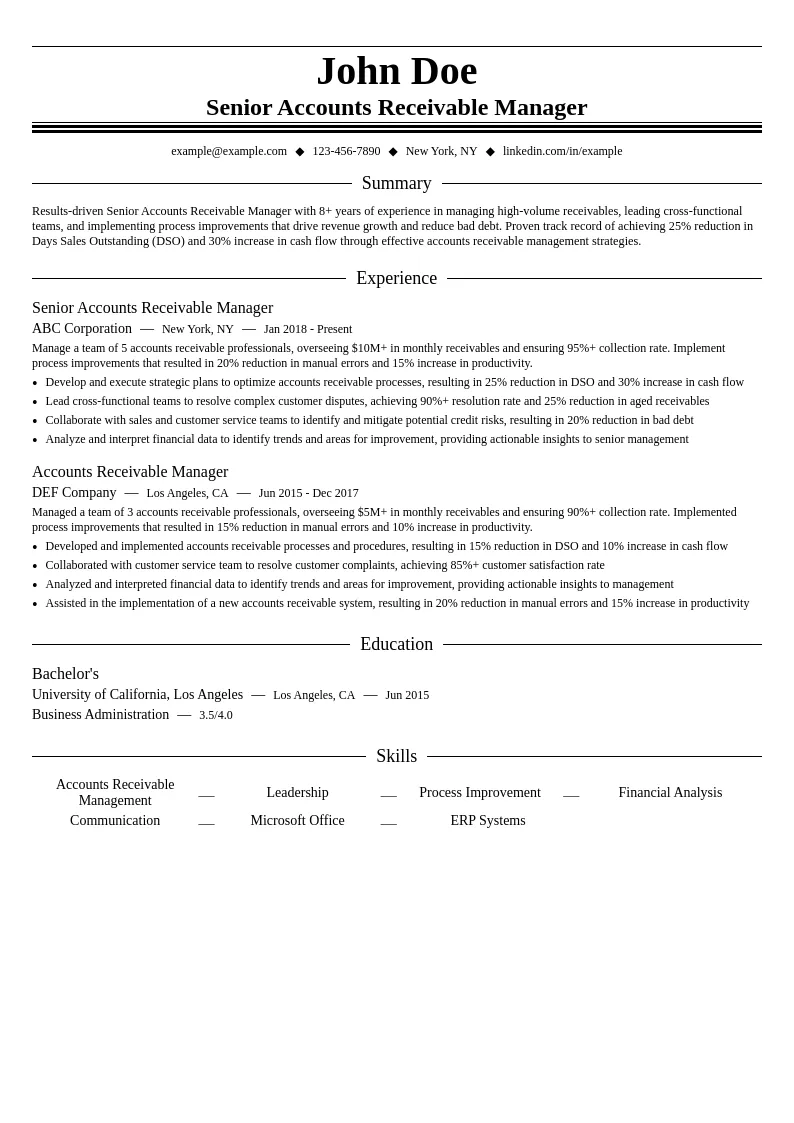 Senior Accounts Receivable Manager resume example