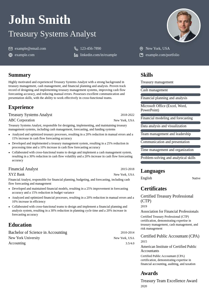 Treasury Systems Analyst resume example