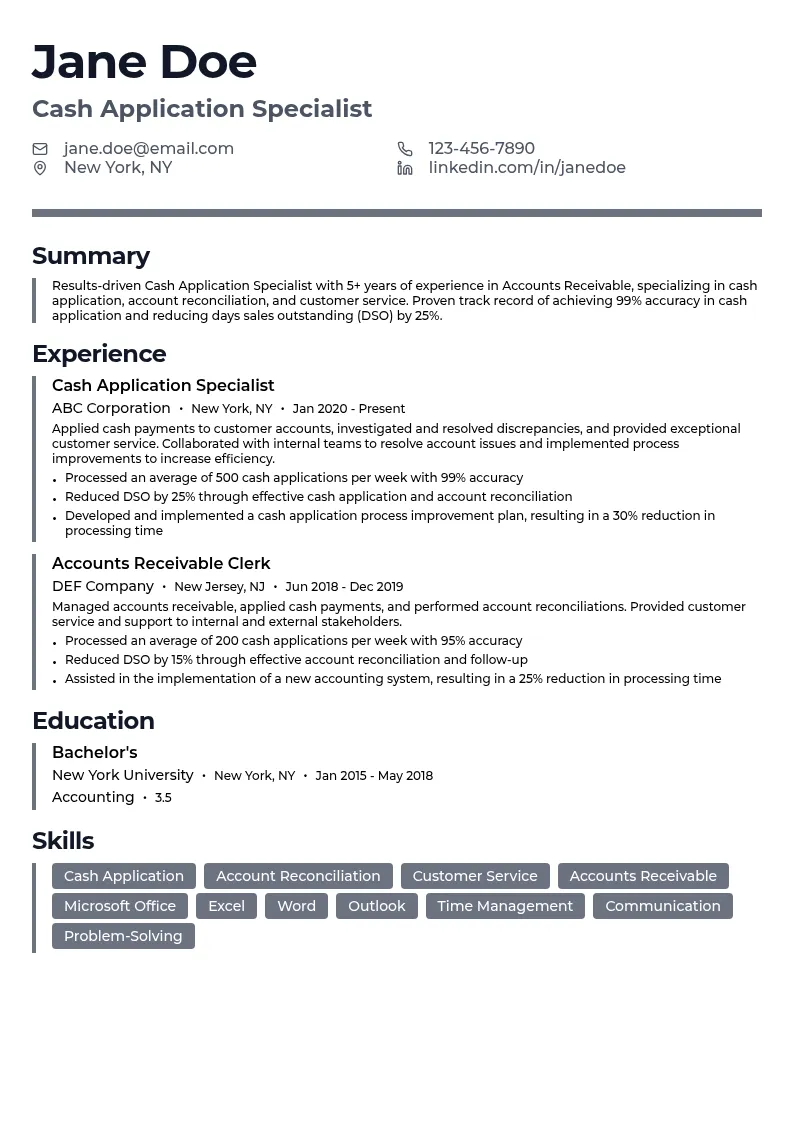 Cash Application Specialist resume example