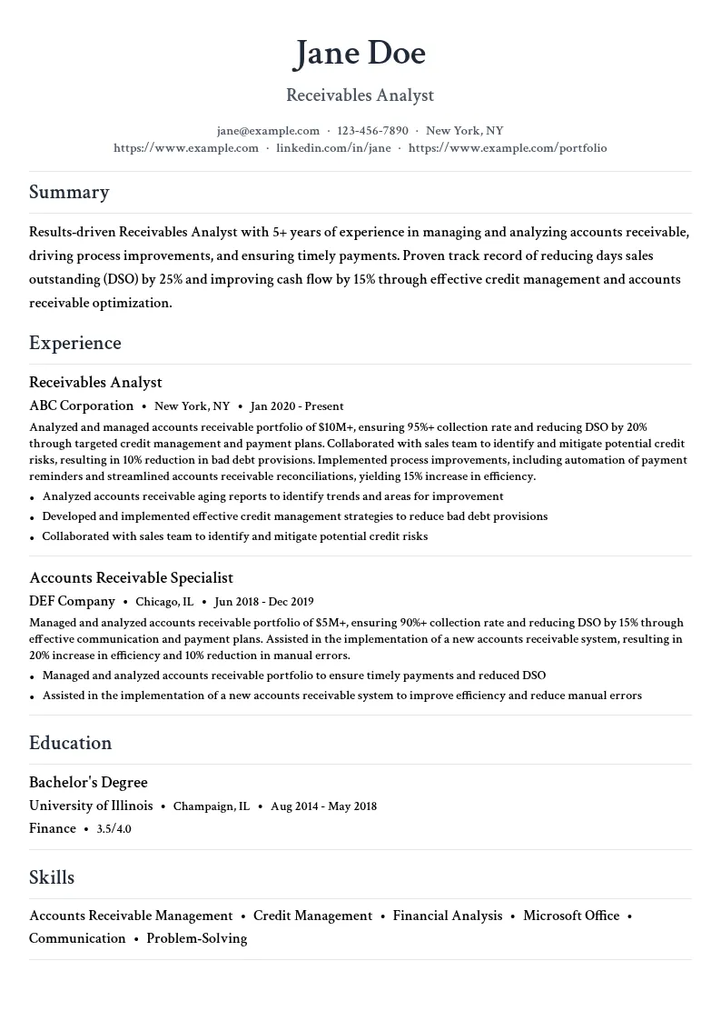 Receivables Analyst resume example