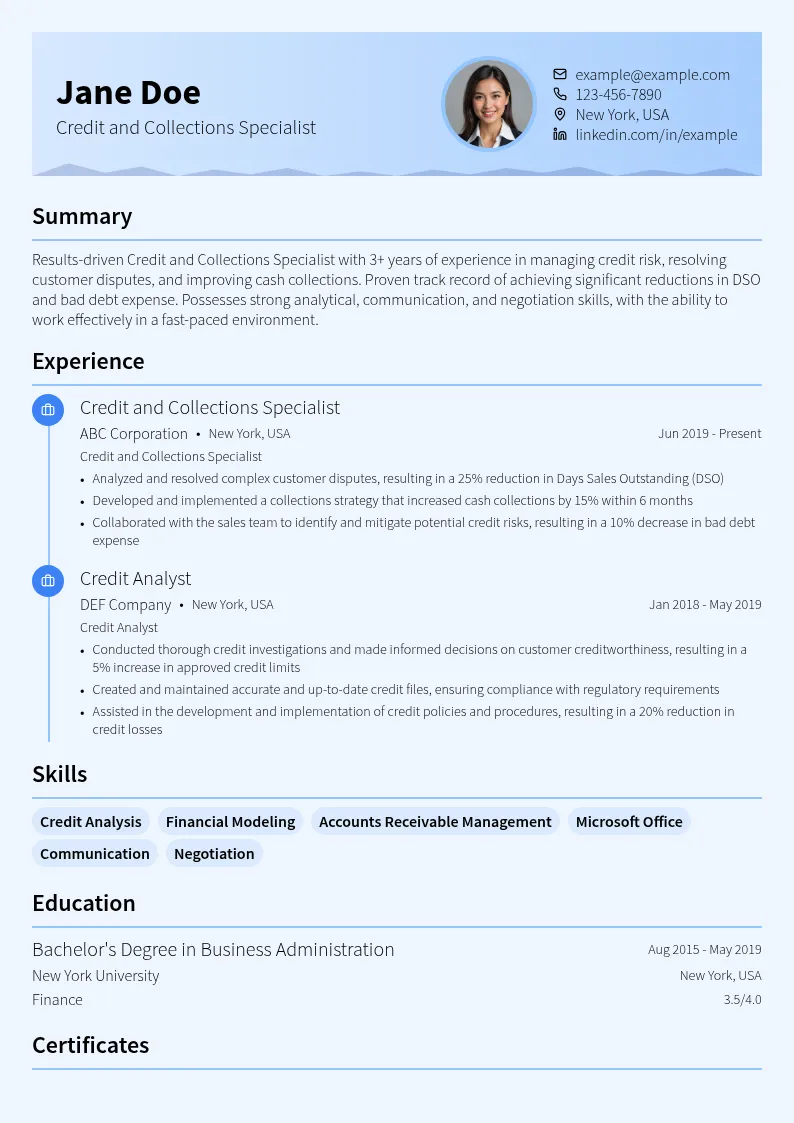 Credit and Collections Specialist resume example