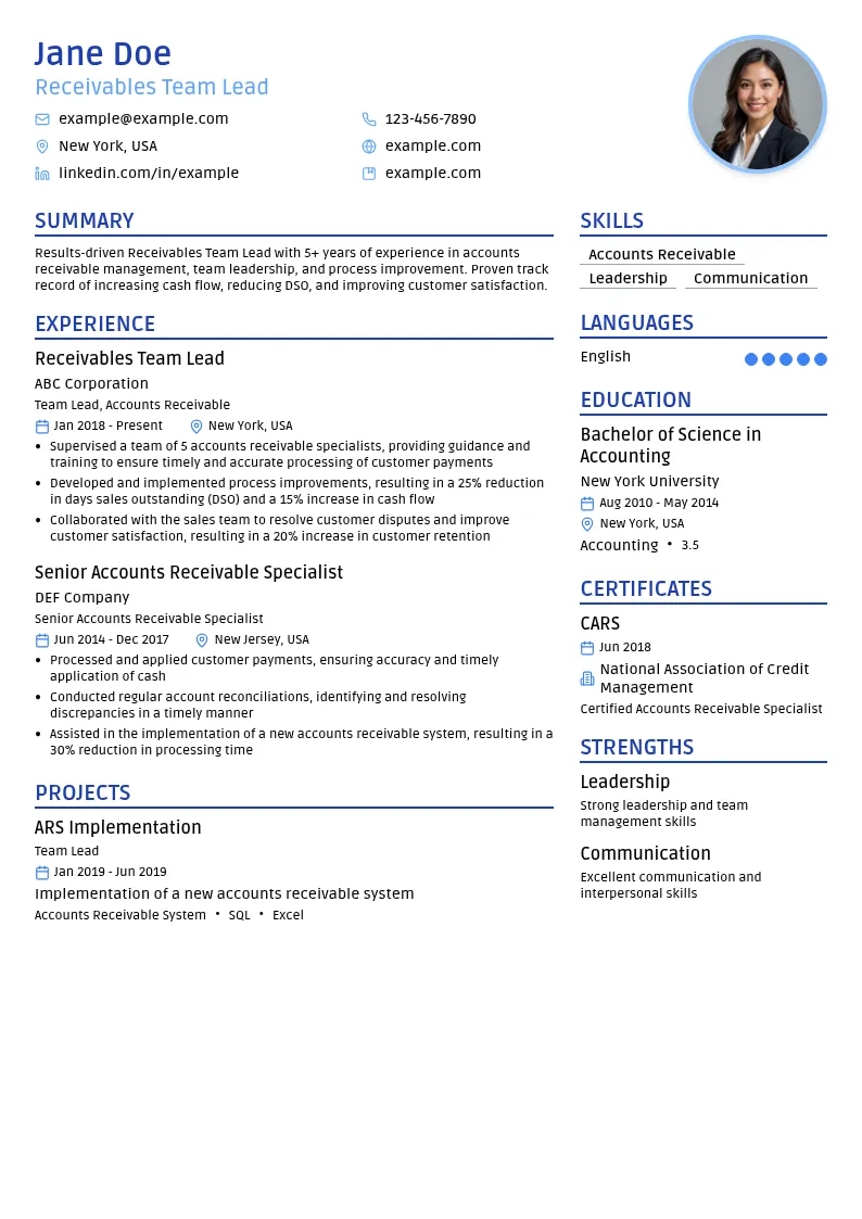 Receivables Team Lead resume example