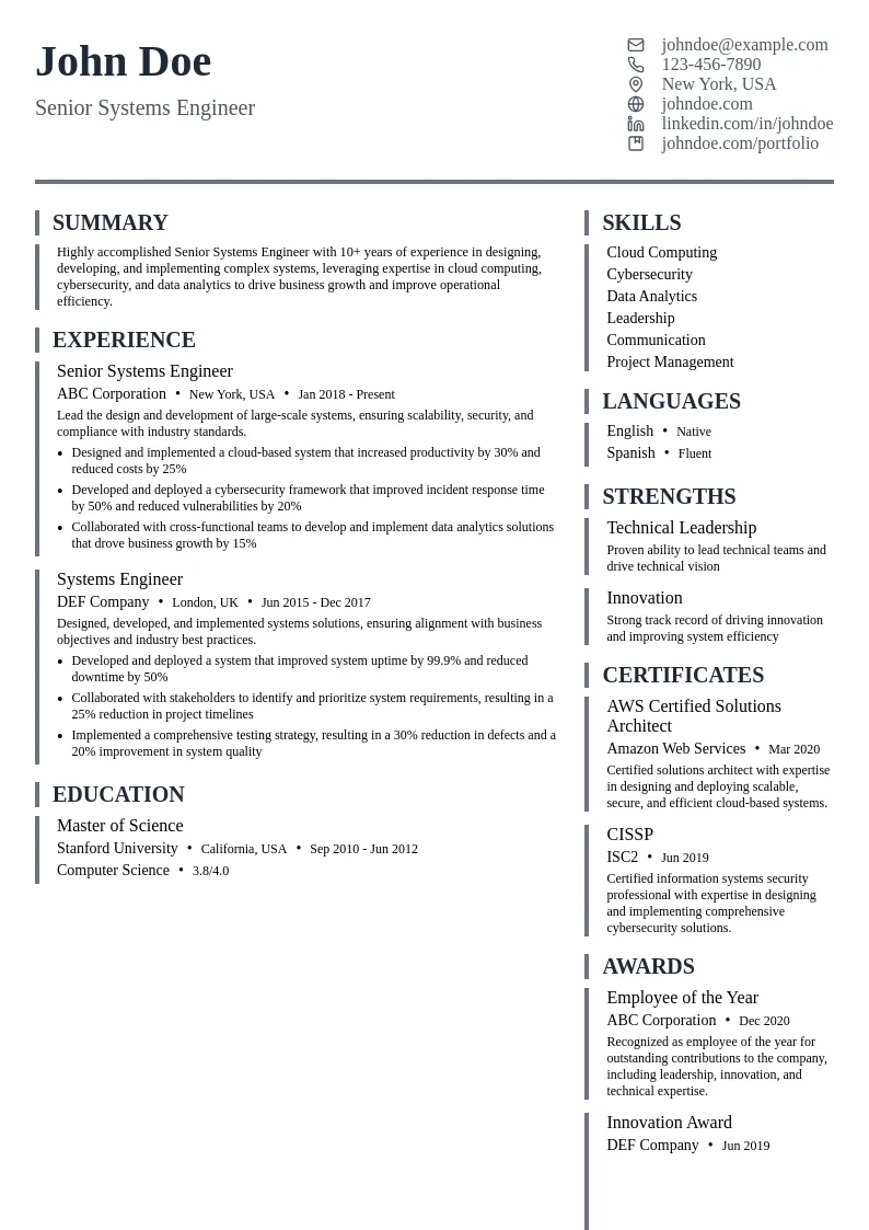 Senior Systems Engineer resume example