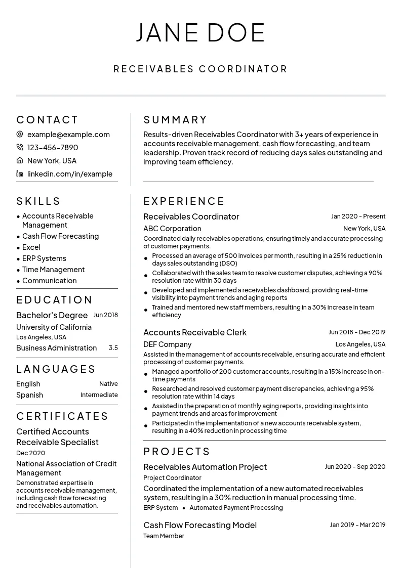 Receivables Coordinator resume example