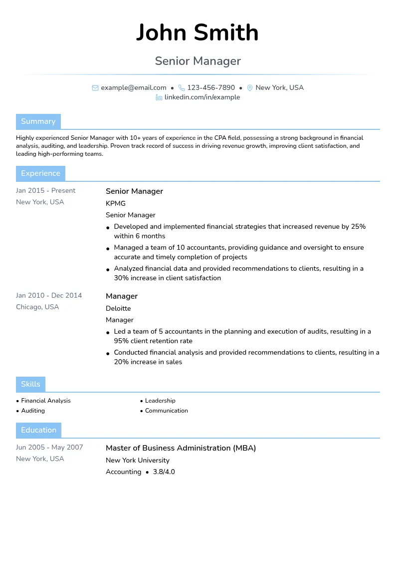 Senior Manager resume example