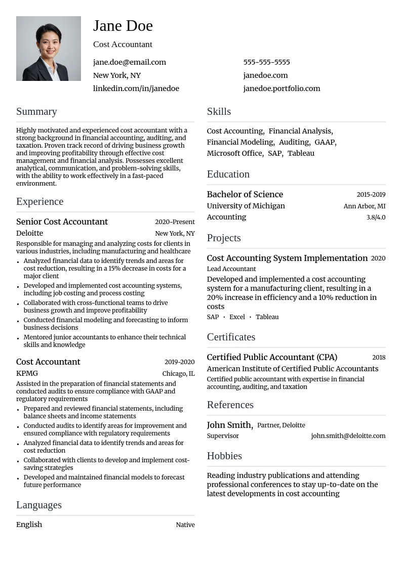 Cost Accounting resume example