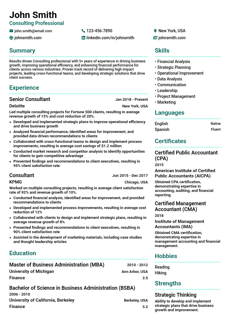 Consulting resume example