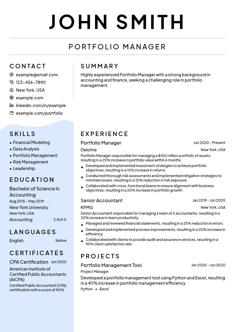 Portfolio Management resume example