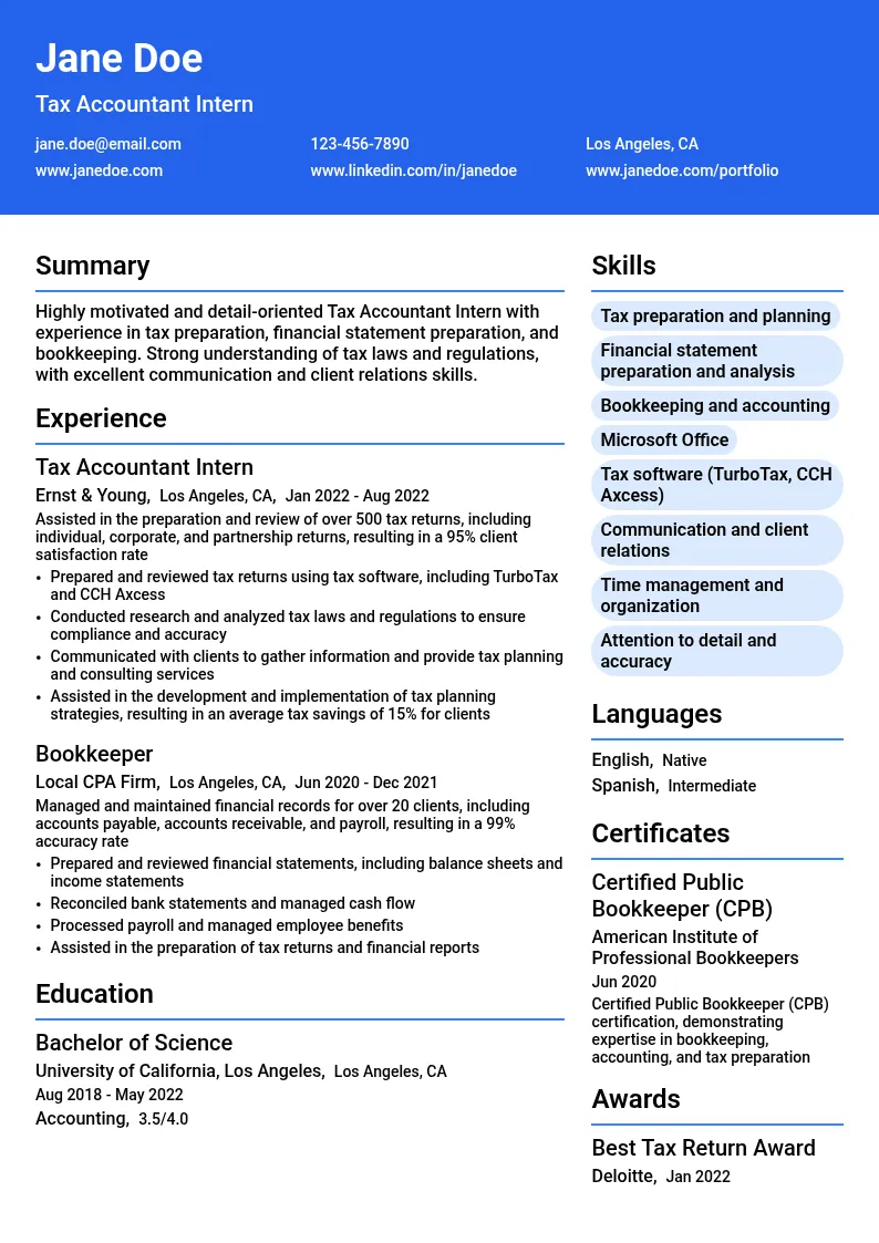 Tax Accountant Intern resume example