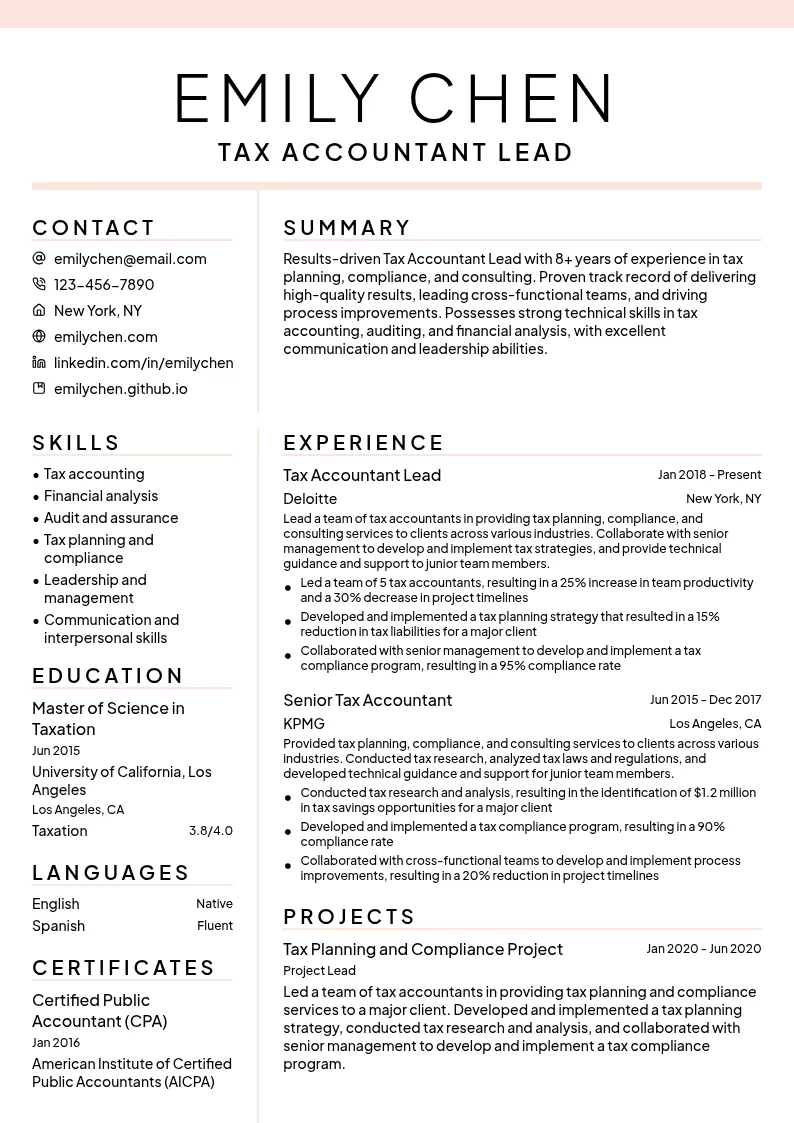 Tax Accountant Lead resume example