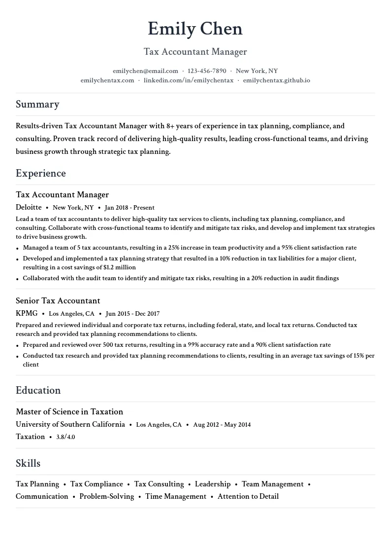 Tax Accountant Manager resume example