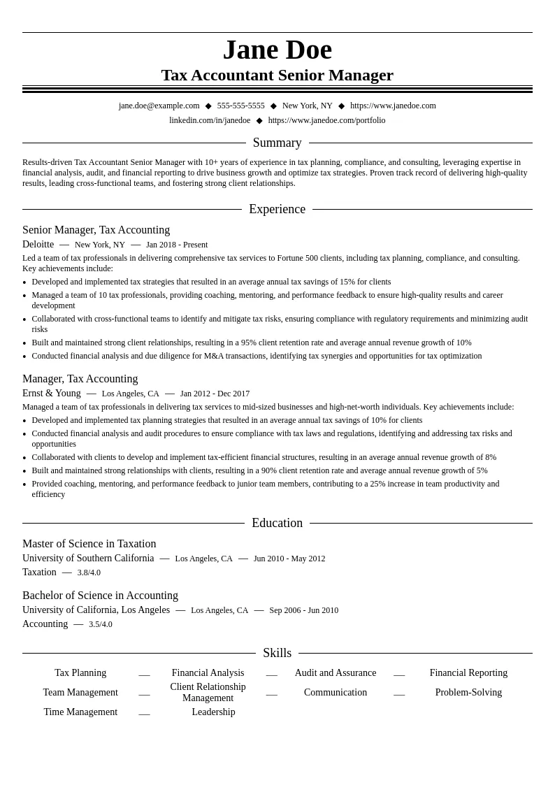 Tax Accountant Senior Manager resume example