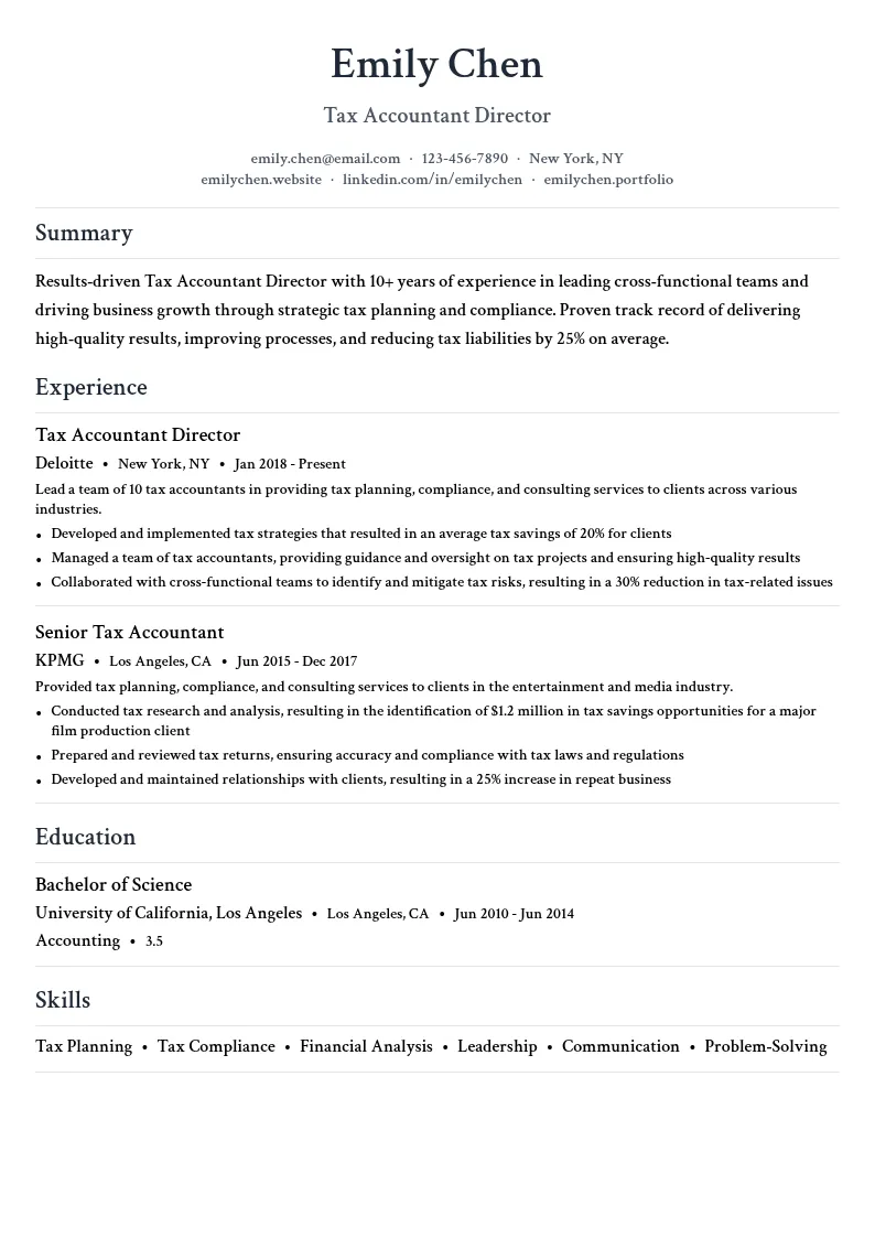 Tax Accountant Director resume example