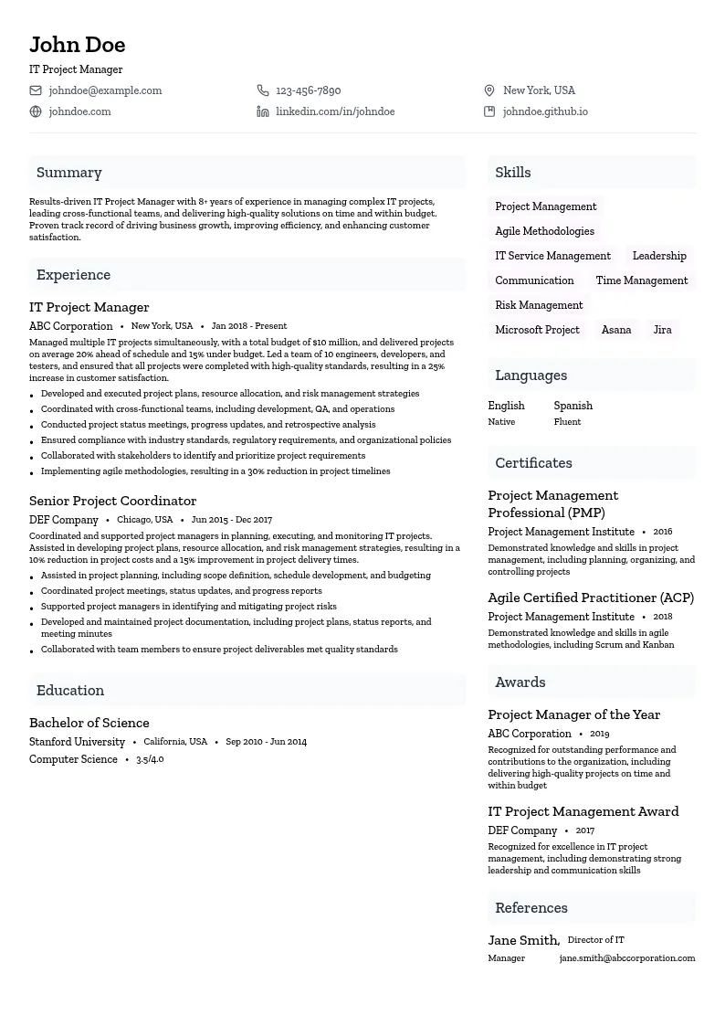 IT Project Manager resume example