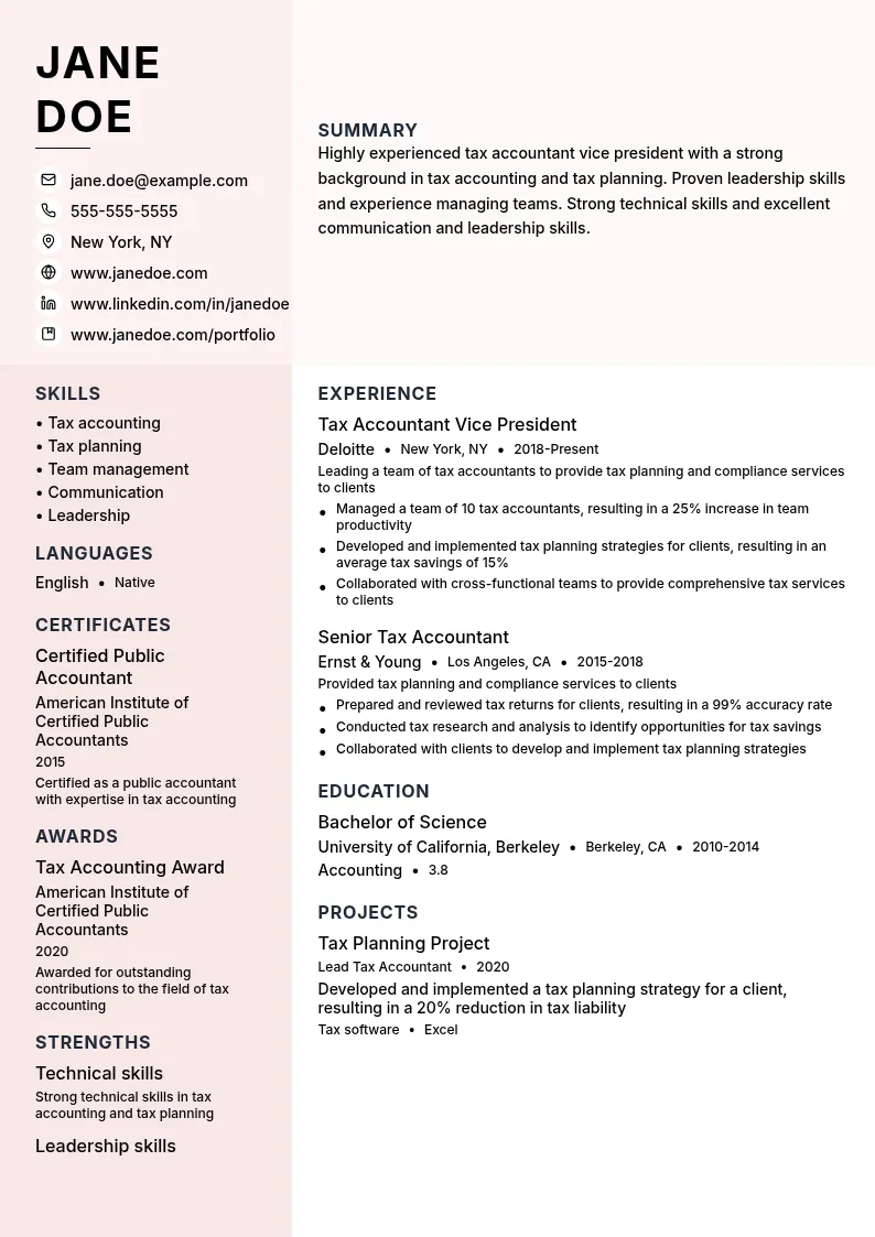 Tax Accountant Vice President resume example