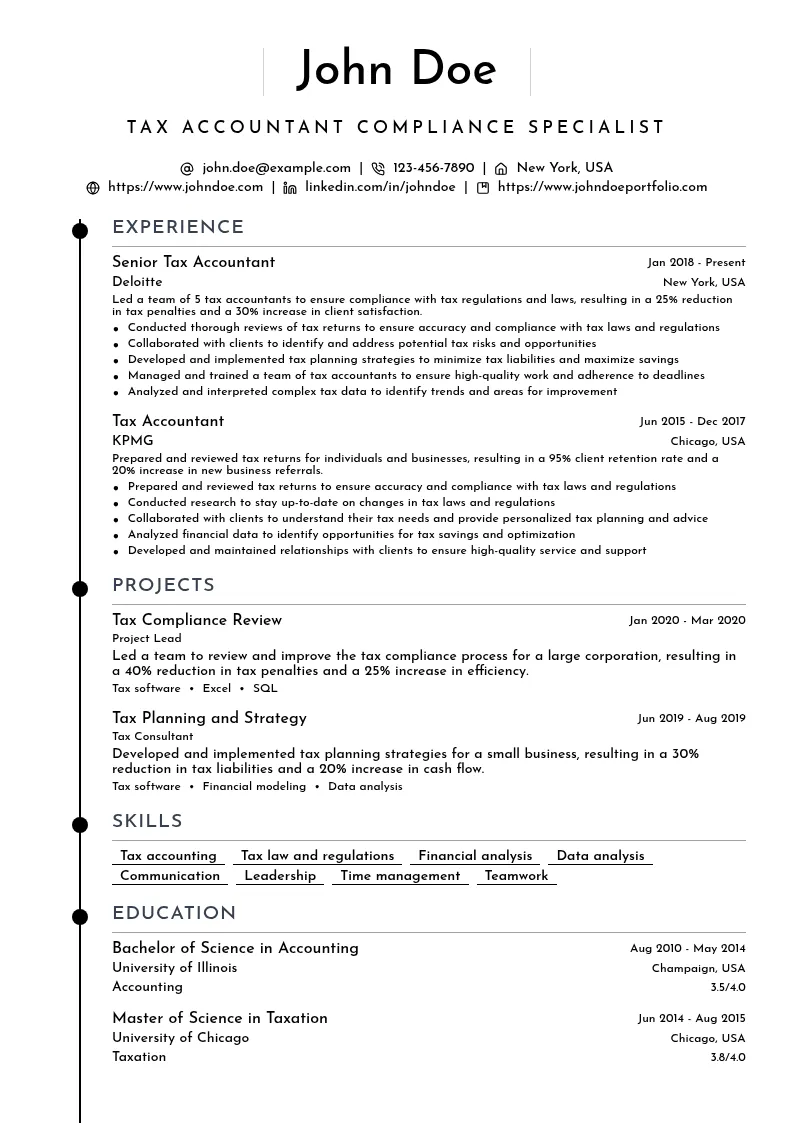 Tax Accountant Compliance Specialist resume example