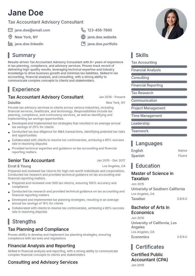 Tax Accountant Advisory Consultant resume example