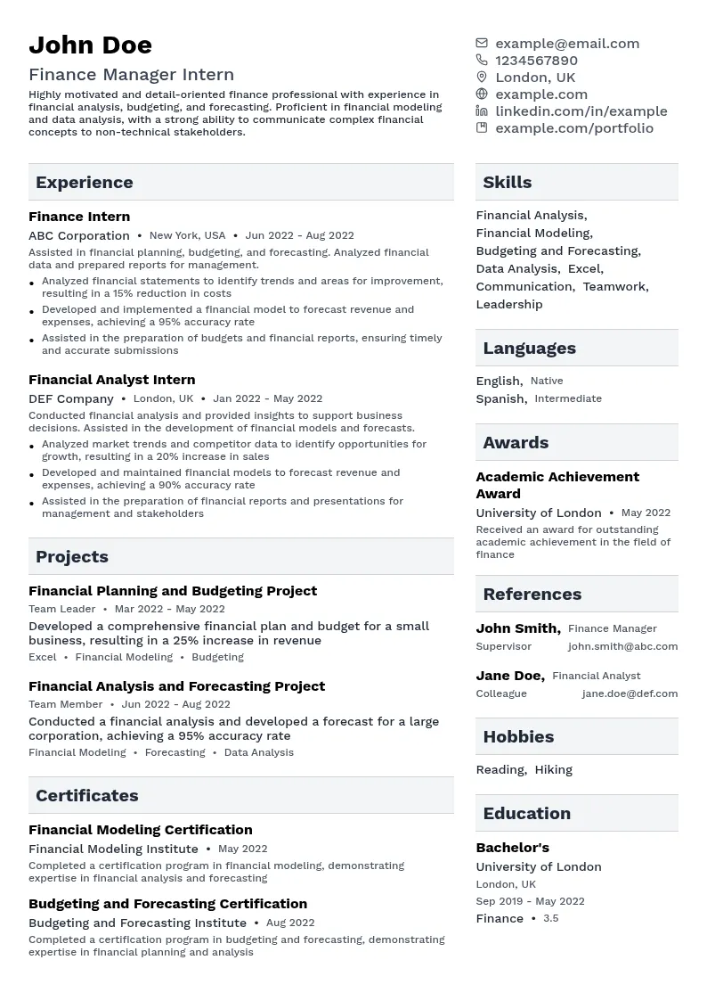 Finance Manager Intern resume example