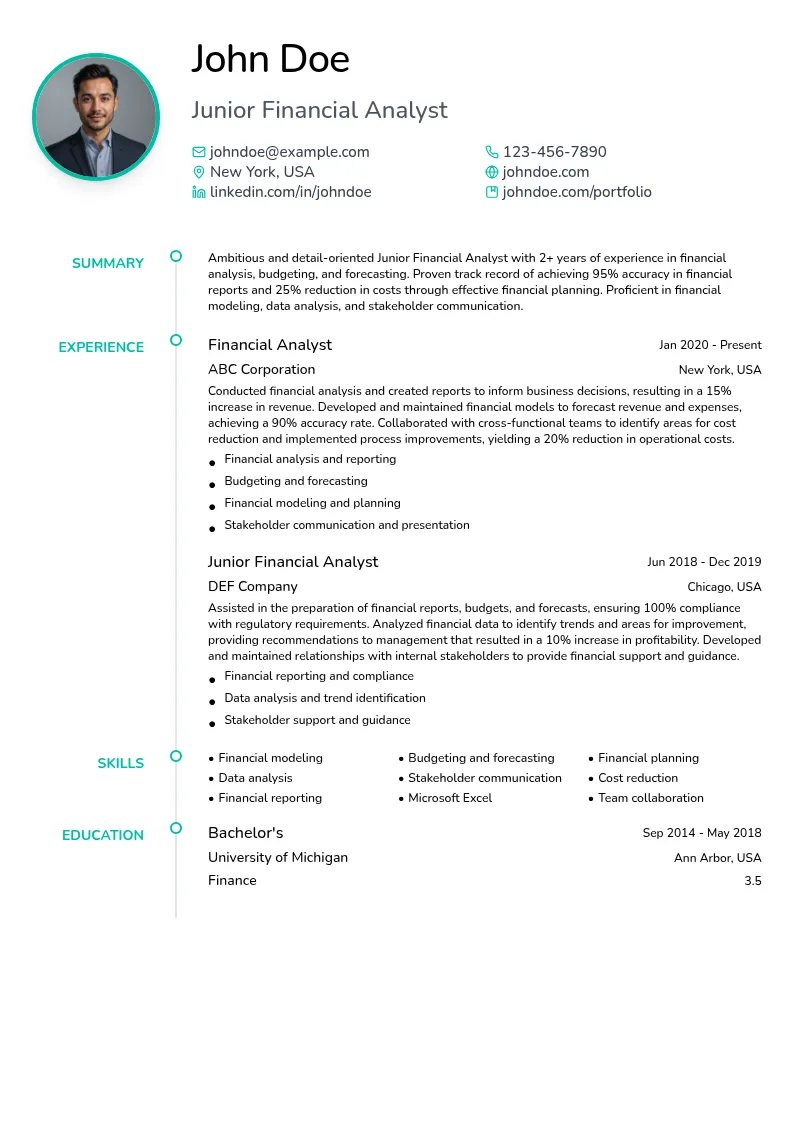 Junior Financial Analyst resume example